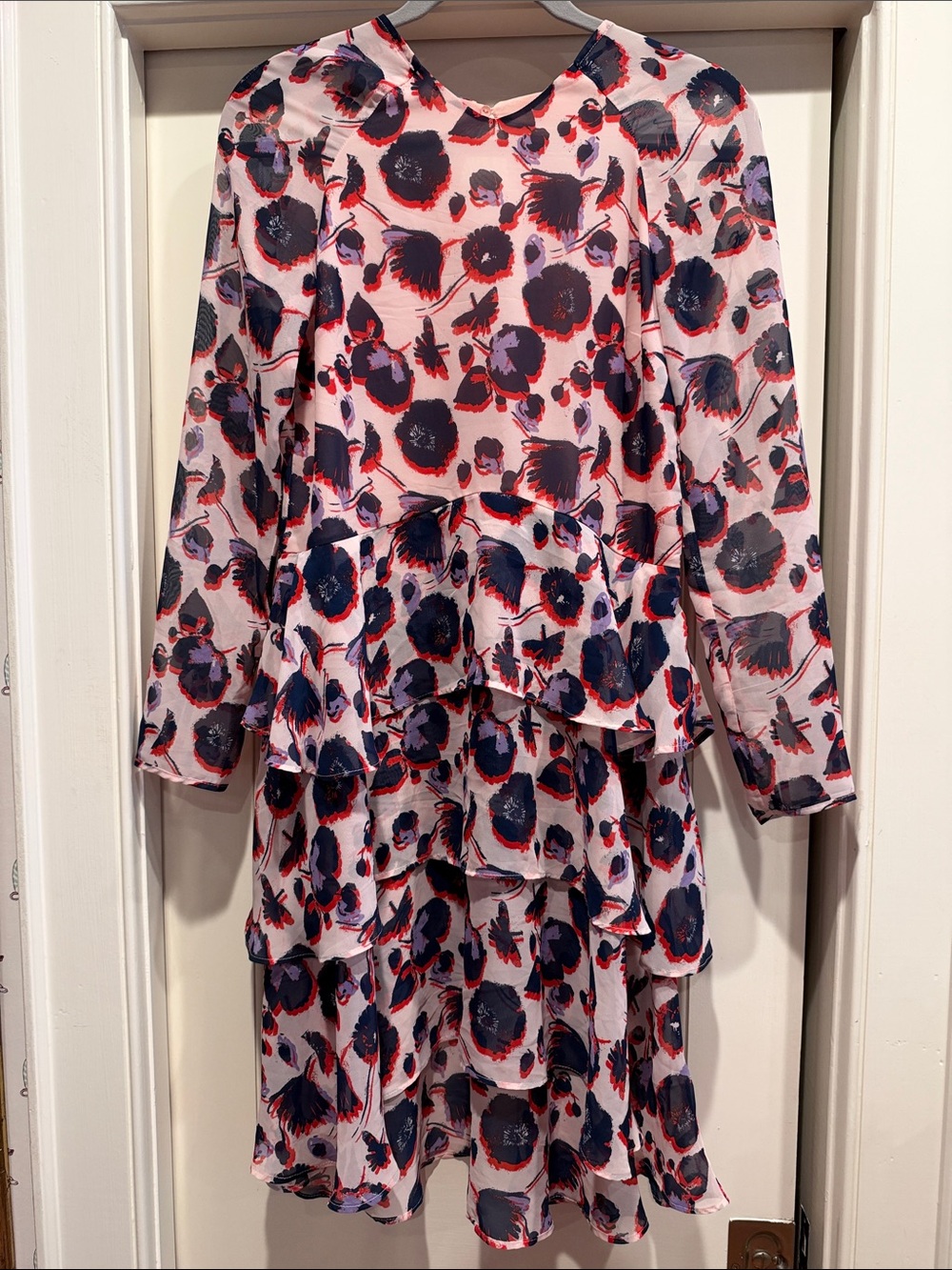 Women’s Long-Sleeve Floral Tiered Dress - Pink and Navy